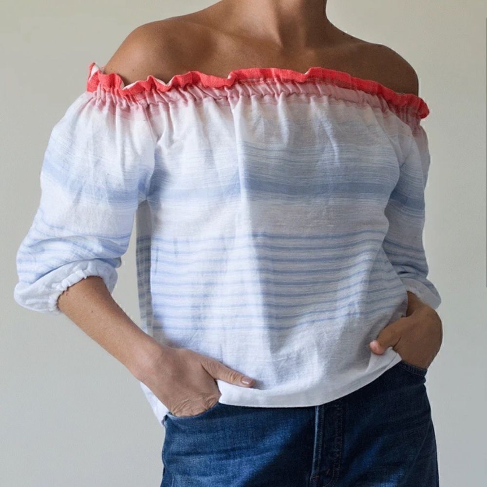 Lemlem Biftu Off Shoulder Blouse Top White Blue